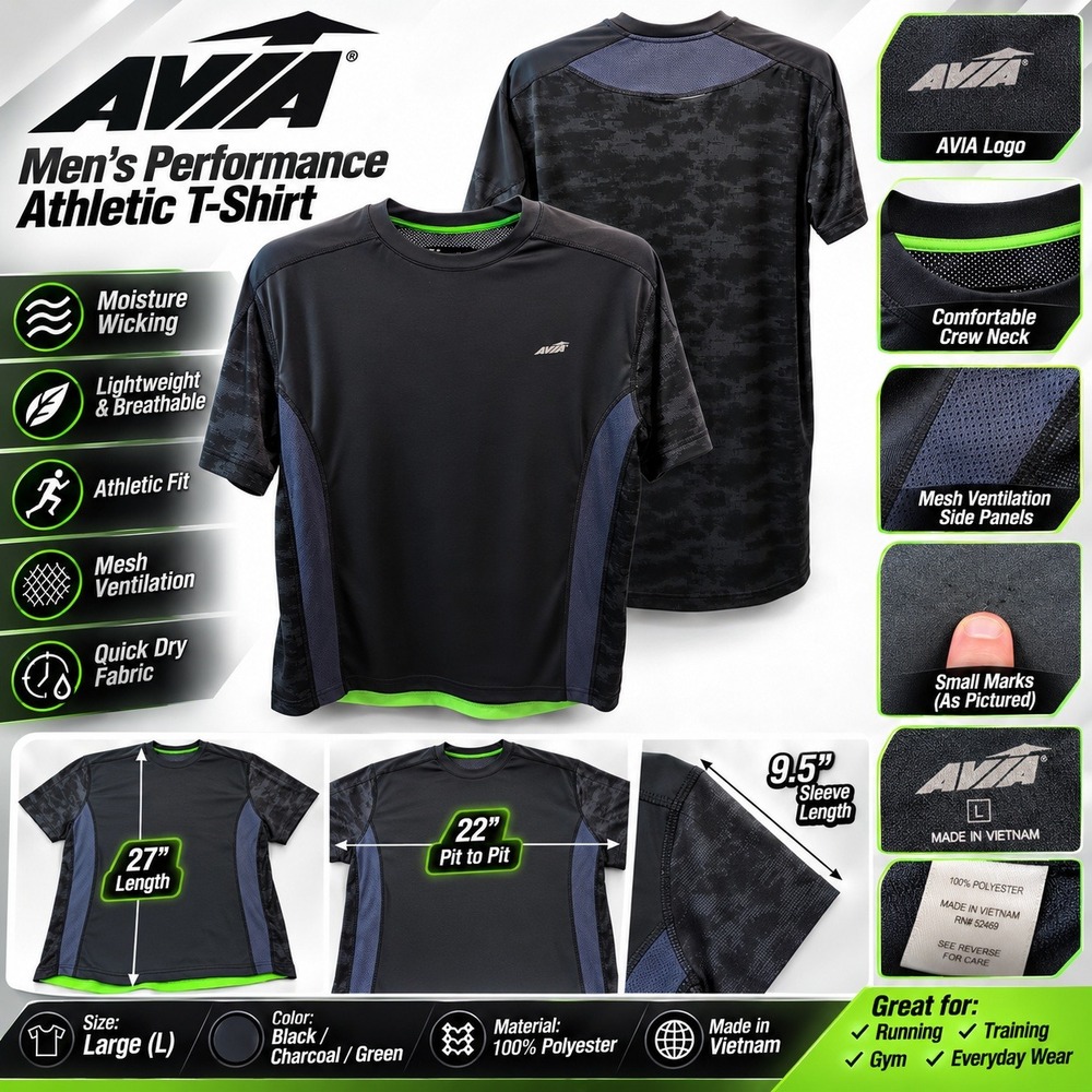 Avia Mens Black Performance T-Shirt Camo Back Mesh Panels Size L RMVKS6393